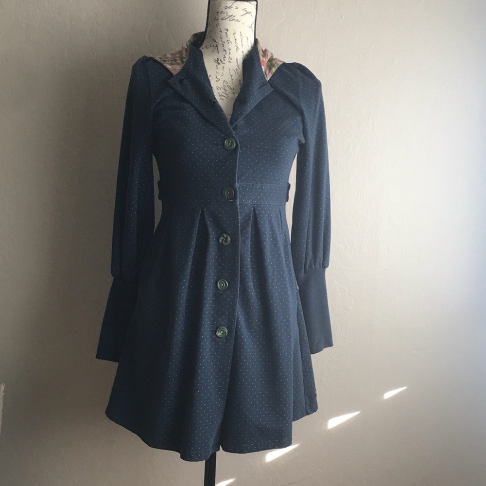 Women’s Navy Polka Dot Button-Front Dress with Hood